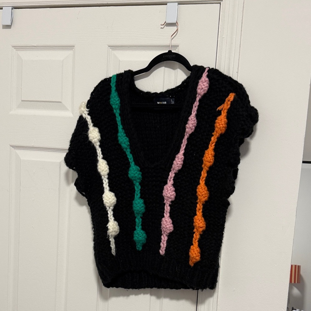 Anthropologie Black V-Neck Sweater with Colorful Accents